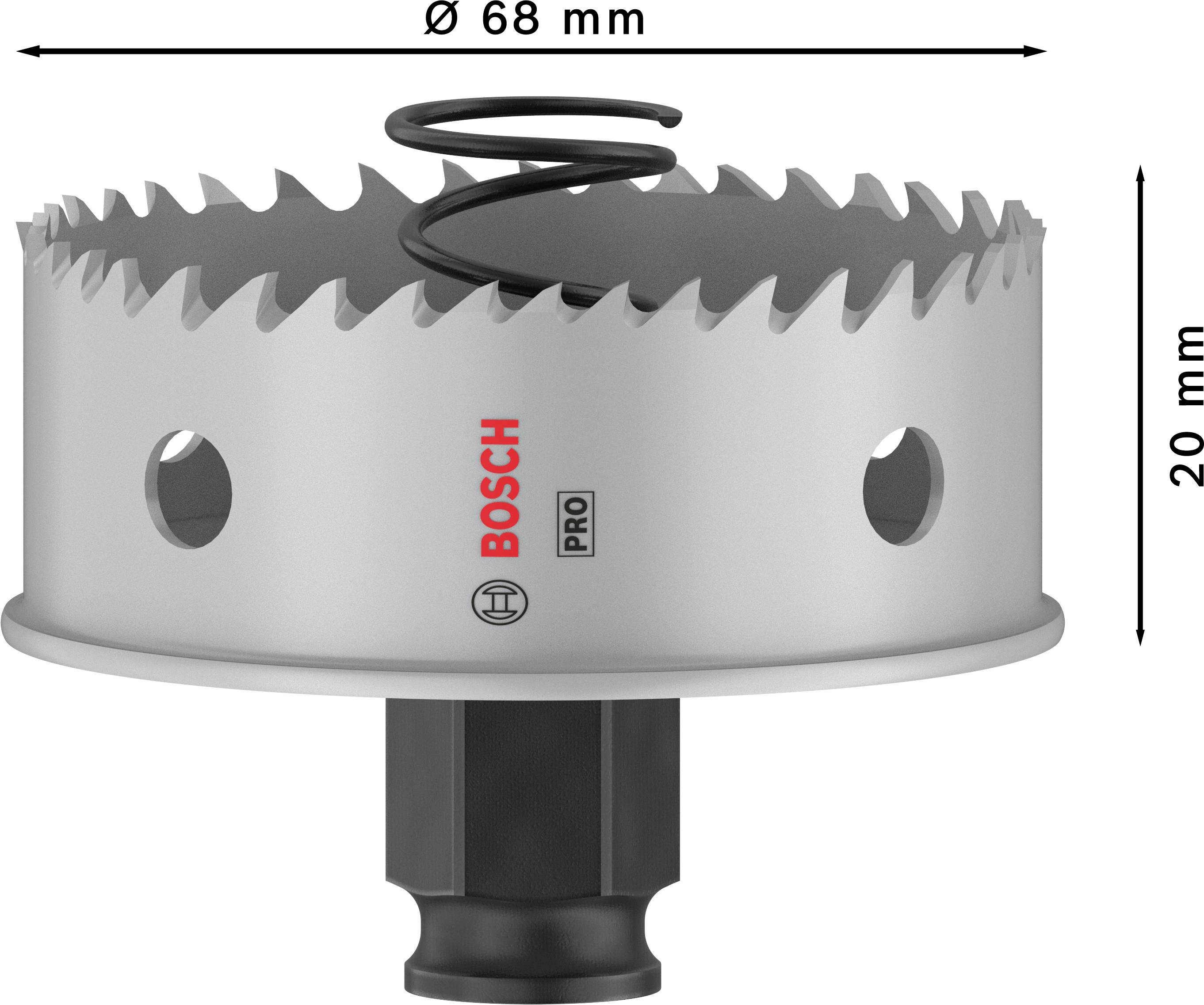 Bimetall-Lochsäge mit Feder, Durchmesser 68 mm, Höhe 20 mm, Bosch-Logo auf der Seite, geeignet für Pro-Anwendungen.