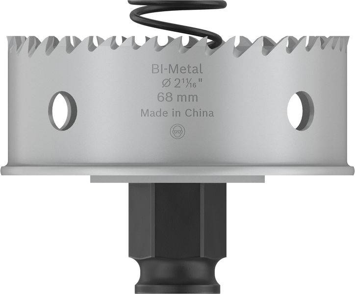 'BI-Metal Lochsäge, 68 mm Durchmesser, mit Feder, aus China gefertigt.'
