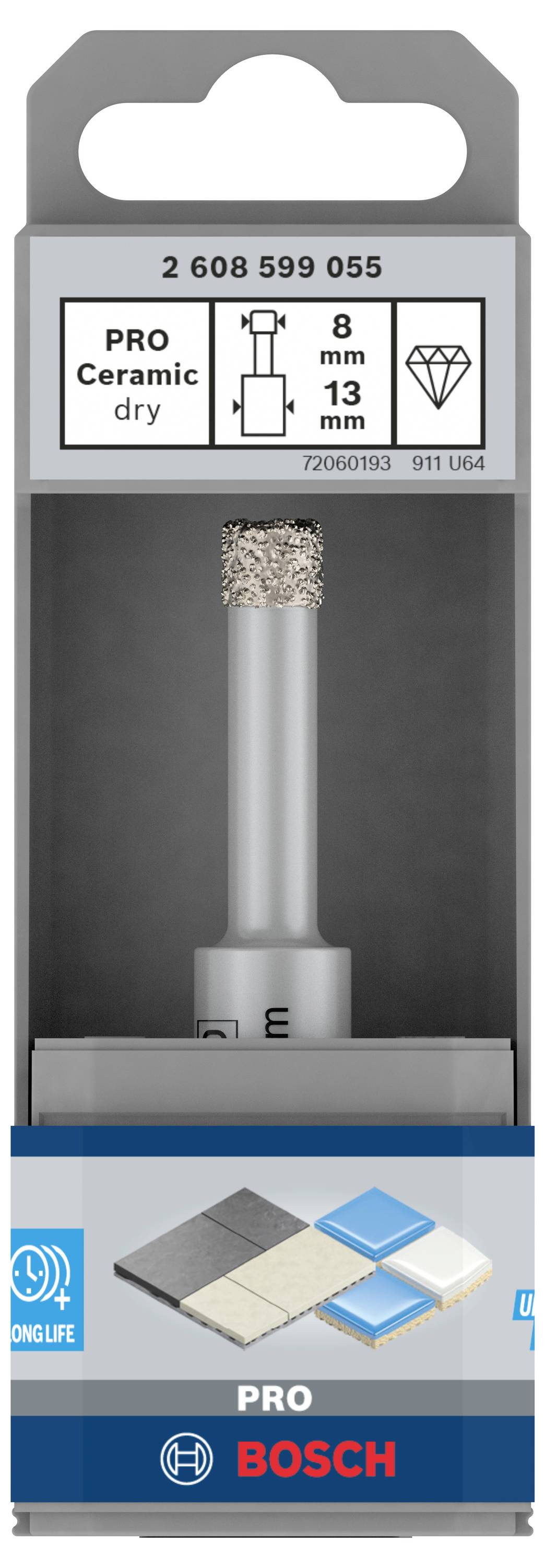 Verpackung von Bosch Diamantbohrer, geeignet für Keramik, Maße 8 mm x 13 mm. Produktetiketten oben und unten sichtbar.