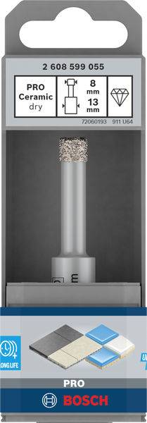 Verpackung eines Bosch Pro Ceramic Trockenbohrers mit 8 mm Durchmesser, geeignet für Keramik und Fliesen. Oben Diamantsymbol.