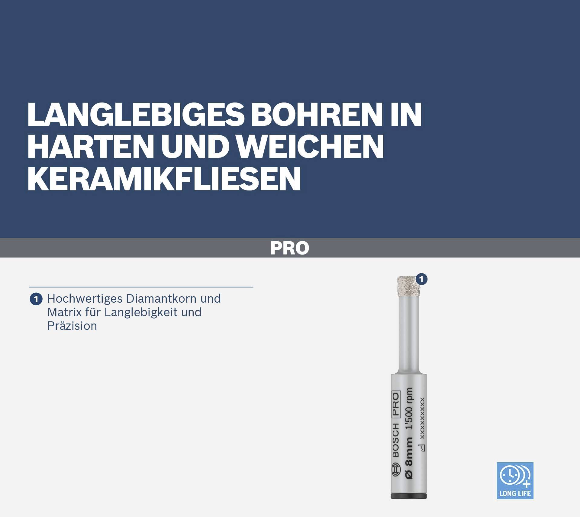 'Langlebiges Bohren in harten und weichen Keramikfliesen. Hochwertiges Diamantkorn und Matrix für Langlebigkeit und Präzision.'