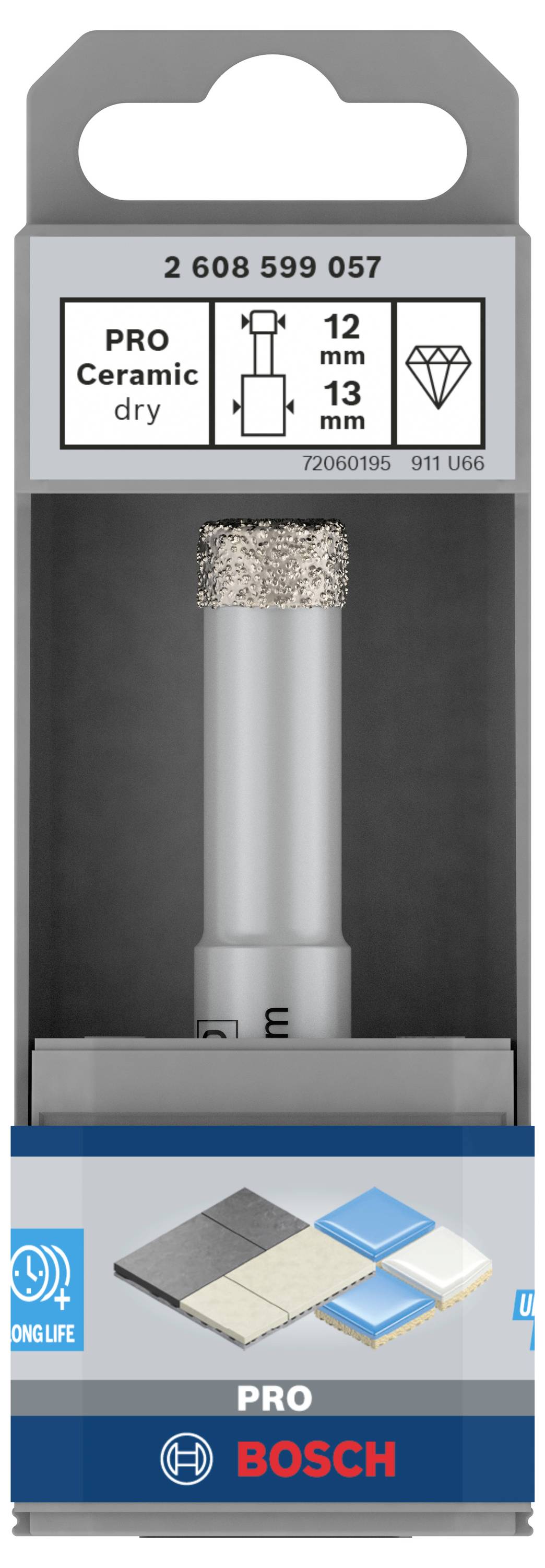 Verpackung eines Keramikbohrers von Bosch, 12 mm Durchmesser, für Trockenbohren. Enthält Abbildungen von Kacheln und Produktdetails.