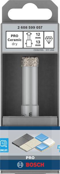 Bohraufsatz für Keramik von Bosch, 12 mm Durchmesser, geeignet für trockenen Einsatz. Verpackung zeigt Fliesen als Anwendungsbeispiel.