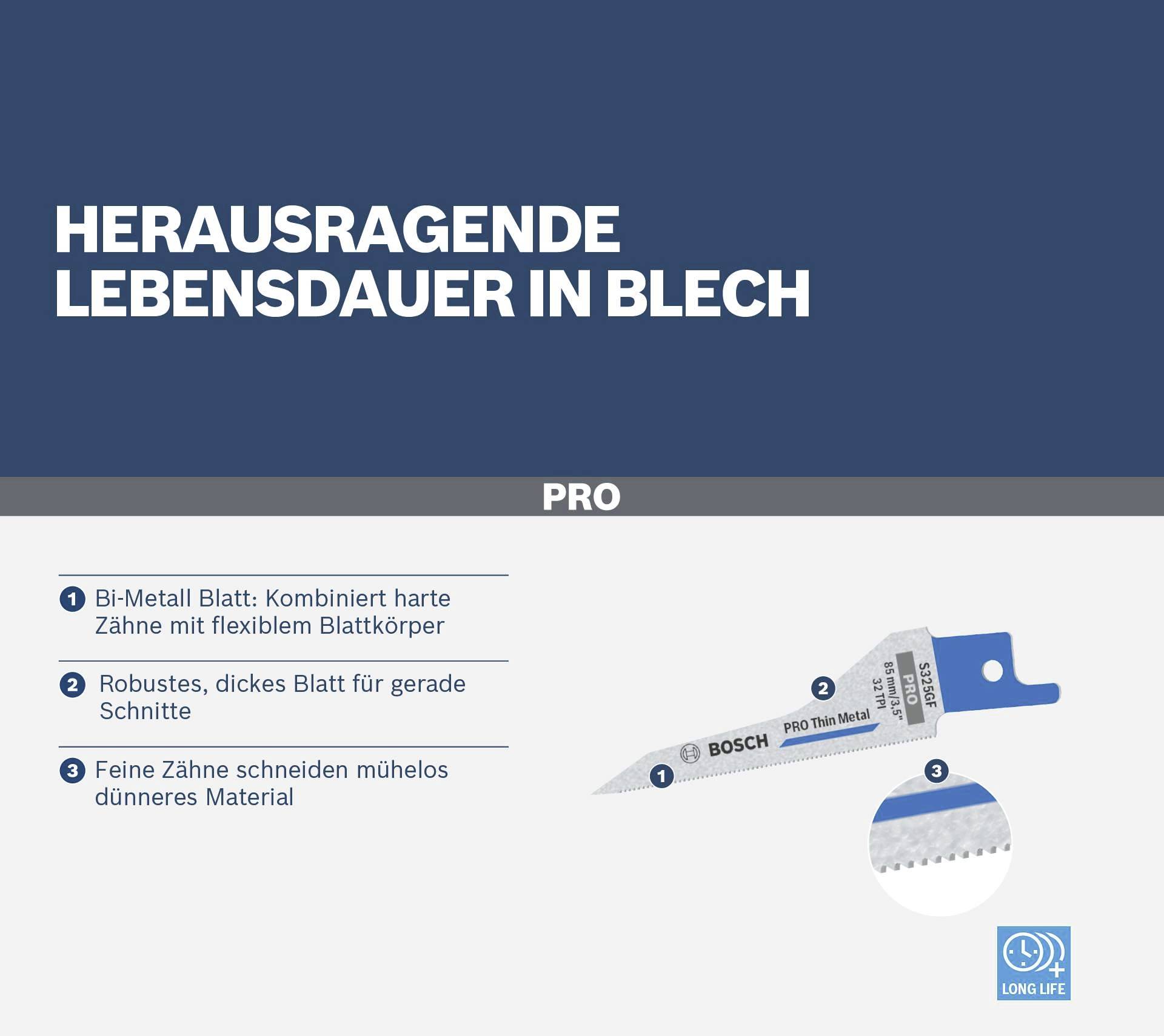 Säbelsägeblatt für Metall: 'Herausragende Lebensdauer'. Eigenschaften: Bi-Metall, robust, feine Zähne. Herstellerlogo unten rechts.