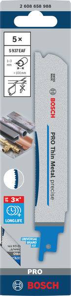 Verpackung für Bosch Stichsägeblatt 'PRO Thin Metal' für Metall, Stärke 5x, zeigt Sägeblatt und Anwendungsbeispiele für präzise Schnitte.