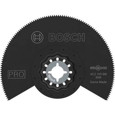 Schwarzes Sägeblatt der Marke Bosch mit der Beschriftung 'Wood'. Modell: ACZ 100 BB BIM. Schweizer Herstellung. Ideal für Holzarbeiten.