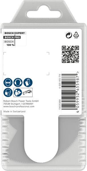 Verpackung eines Bosch Expert Sägeblatts mit QR-Code und Symbolen für Schutzmaßnahmen. Enthält Firmeninformationen unten auf der Verpackung.