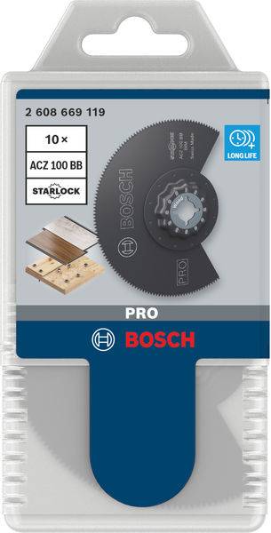 'Bosch Pro Starlock Sägeblatt Packung', zeigt ein schwarzes Sägeblatt für Holz und Metall. Enthält 10 Stück mit 'LONGLIFE' Merkmal.