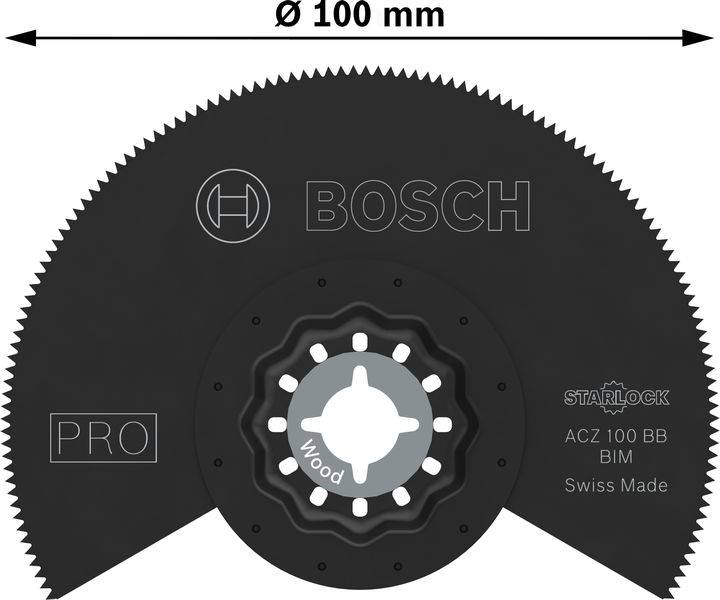 'Sägeblatt von Bosch, Starlock-System, Durchmesser 100 mm, geeignet für Holz, Swiss Made, weißes Bosch-Logo auf schwarzem Hintergrund.'