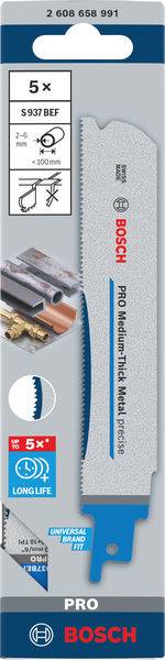 Säbelsägeblatt-Verpackung von Bosch mit Abbildung des Blattes, geeignet für verschiedene Materialien. Betont Langlebigkeit und Vielseitigkeit.