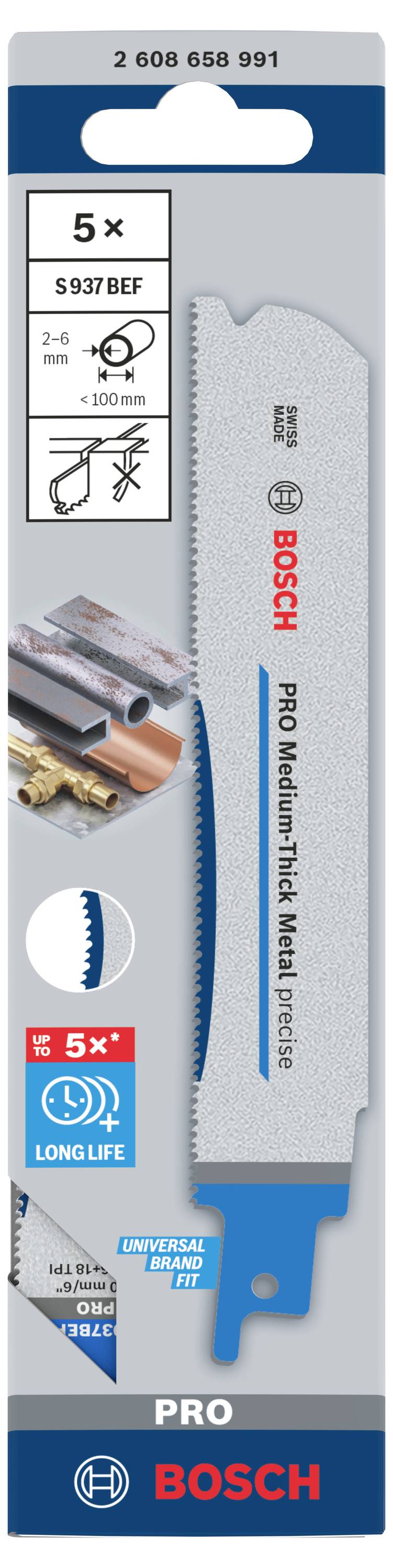 'Darstellung einer Bosch Sägeblatt-Verpackung. Zeigt ein Sägeblatt für dickes Metall, ideal für Profi-Einsätze und lange Lebensdauer.'