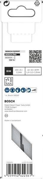 'Bosch Expert' Sägeblätter Verpackung mit Länge, Breite, Anwendungen, QR-Code, Produktionsinformationen und Firmenlogo.
