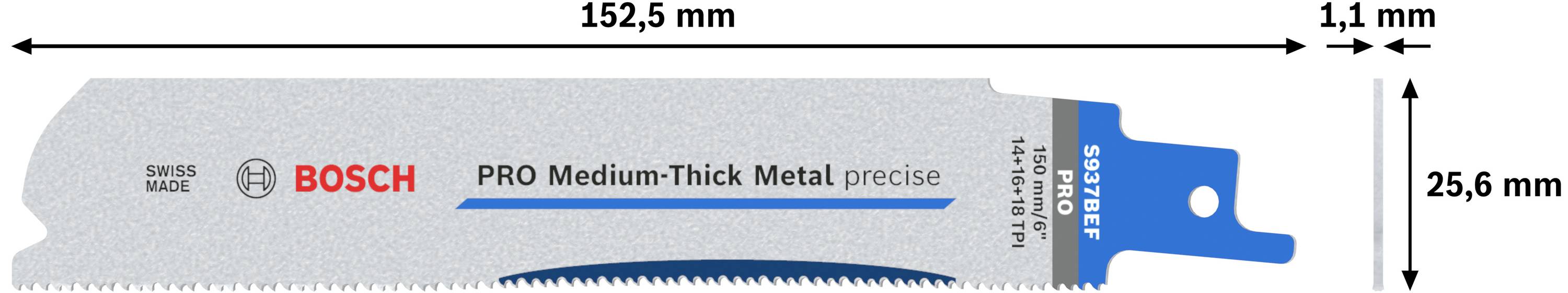 'Säbelsägeblatt mit Aufschrift Pro Medium-Thick Metal precise, Länge 152,5 mm, Breite 25,6 mm, Dicke 1,1 mm von Bosch.'