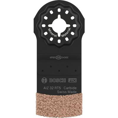 Bosch Starlock Sägeblatt, geeignet für Mineral- und Materialbearbeitung. Aufschrift: 'AIZ 32 RT5 Carbide Swiss Made'.