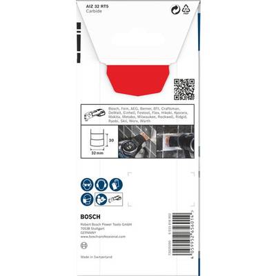 Verpackung eines Bosch Sägeblatts, Modell AIZ 32 RT5. Zeigt Produktdetails, Anwendungsbild, QR-Code und Herstellerinformationen. Made in Switzerland.