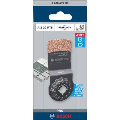 Verpackung einer Bosch Starlock-AIZ 32 RT5-Carbid-Sägeklinge. Eignet sich für Fliesenfugen und mehr. Größe: 32 mm, 2-in-1 Funktion.