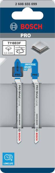 Verpackung mit zwei Bosch PRO Stichsägeblättern, Modell T118EOF, für Metallbearbeitung. Eignung: 1,5-4mm Materialdicke, universell einsetzbar.