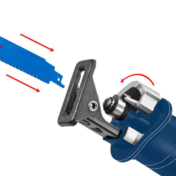 Elektrisches Handgerät eröffnet sich; Pfeile zeigen Sägeblattrichtung.