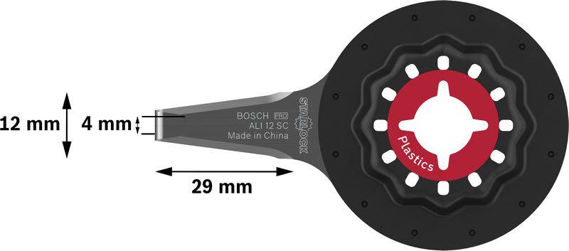 Kreisförmiges Werkzeug für Kunststoffverarbeitung, 12 mm Durchmesser, Bosch-Logo, silberner Schaft.