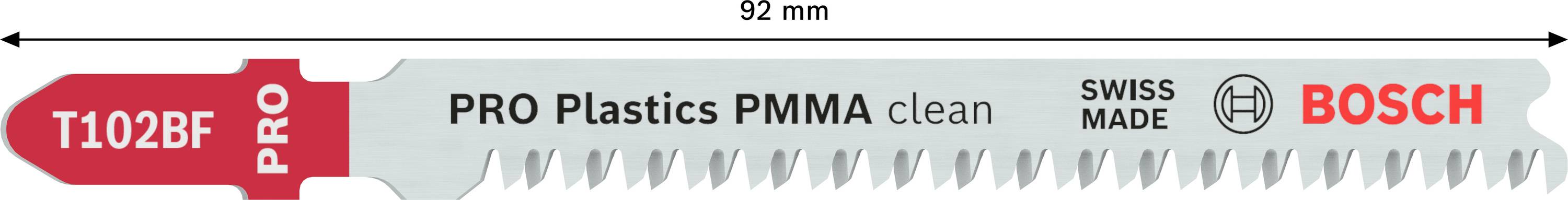 Sägeblatt der Marke Bosch, Modell 'T102BFE PRO', 92 mm lang, für saubere Schnitte in Kunststoffen (PMMA), hergestellt in der Schweiz.