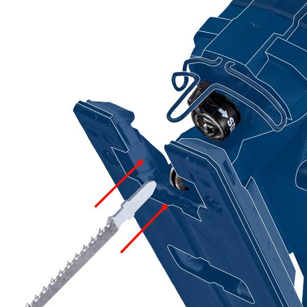 Eine kompakte blaue Säge mit zwei roten Pfeilen, die auf den Sägeblatt-Einspannmechanismus zeigen, hervorgehoben für leichte Einstellung.