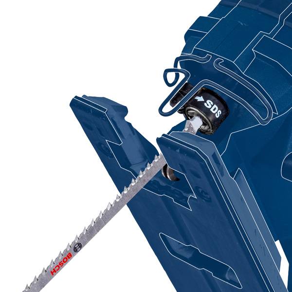 Nahaufnahme einer blauen Stichsäge mit eingelegtem Sägeblatt. Die Säge ist für Metall- und Holzschnitt geeignet.