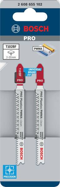 Zwei Bosch Stichsägeblätter T102BF für PMMA, geeignet für Schnitttiefen von 2-20mm. Verpackung zeigt Produktname und Markenlogo.