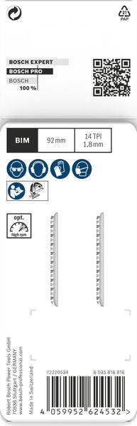 Verpackungsetikett eines Bosch-Sägeblatts, 92 mm, 14 TPI, geeignet für Holz und Metall. Codes und Symbole für Anwendungen und Sicherheit.