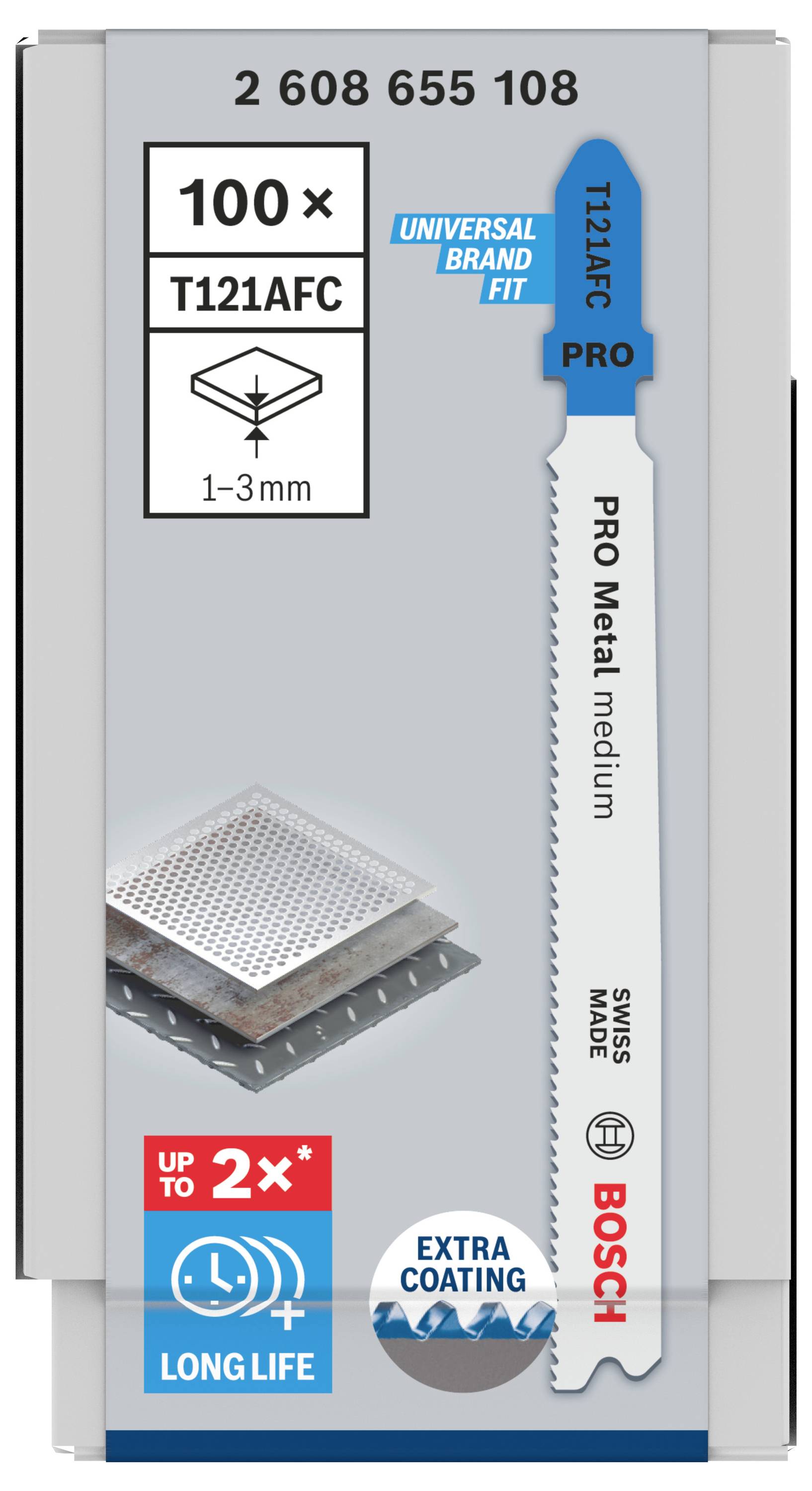 Verpackung einer Bosch Stichsägeklinge 'T121AFC', geeignet für Metall, mit extra Beschichtung für längere Lebensdauer.