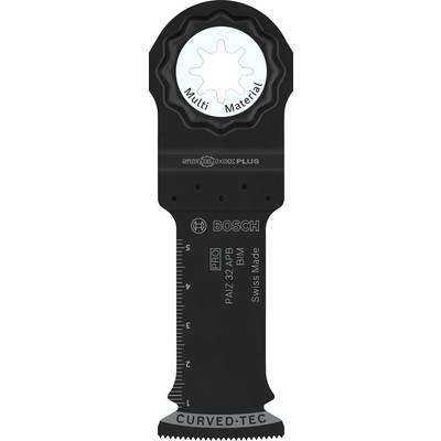 Bosch Starlock Plus Sägeblatt für Multi-Materialien, schwarz, mit gezahnter Kante und Messskala auf der Vorderseite.