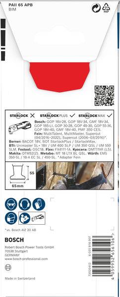 'PAII 65 APB BIM' Sägeblatt-Verpackung von Bosch. Enthält Kompatibilitäts- und Anwendungsinformationen sowie ein Bild des Sägeblatts in Aktion.