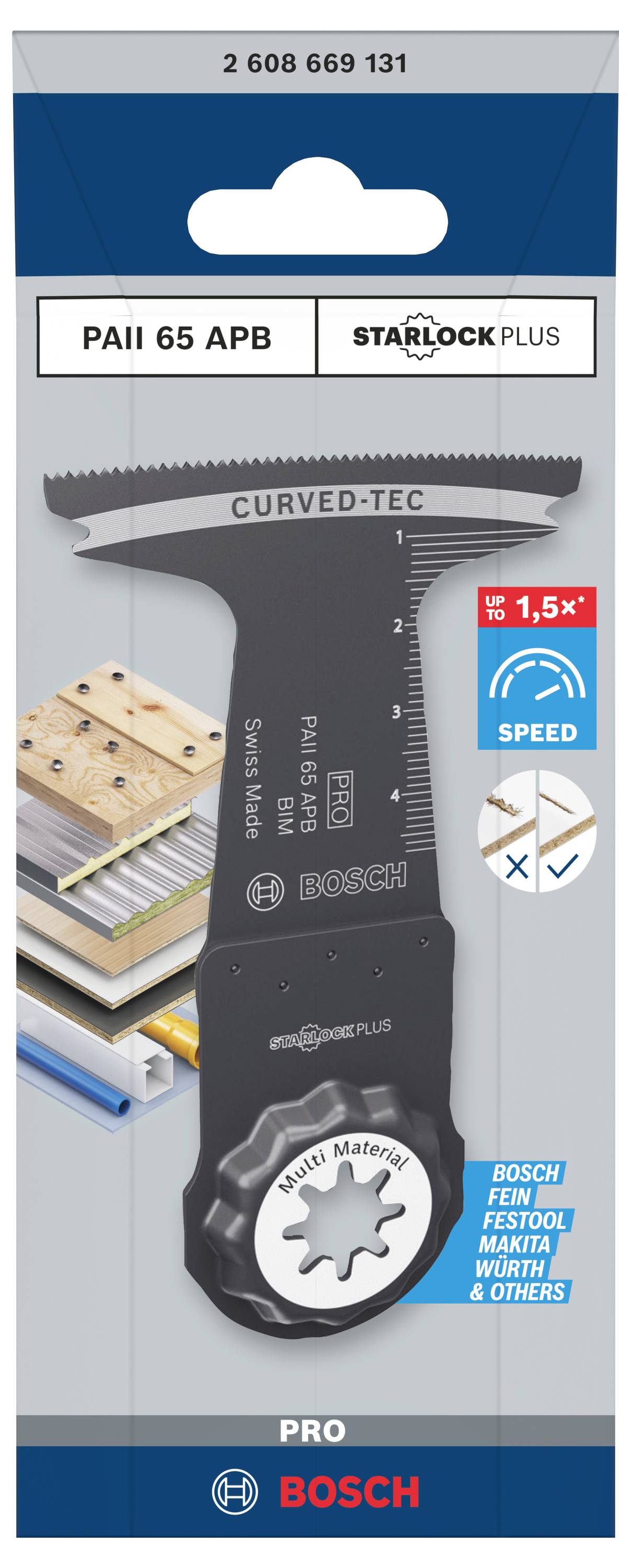 'Bosch StarlockPlus PAII 65 APB Sägeblatt' in Verpackung. Geeignet für verschiedene Materialien. Entwickler- und Geschwindigkeitskennzeichnung sichtbar.