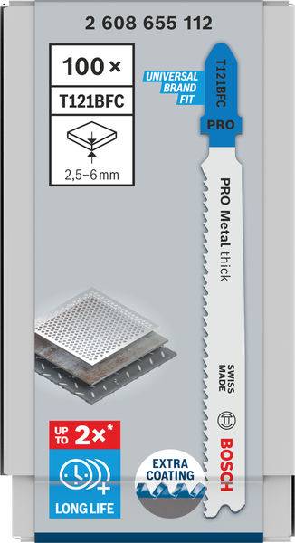 Verpackung für Bosch Pro-Metall-Sägeblätter, Modell T121BFC, geeignet für 2,5-6 mm Metalle, mit extra Beschichtung für längere Lebensdauer.