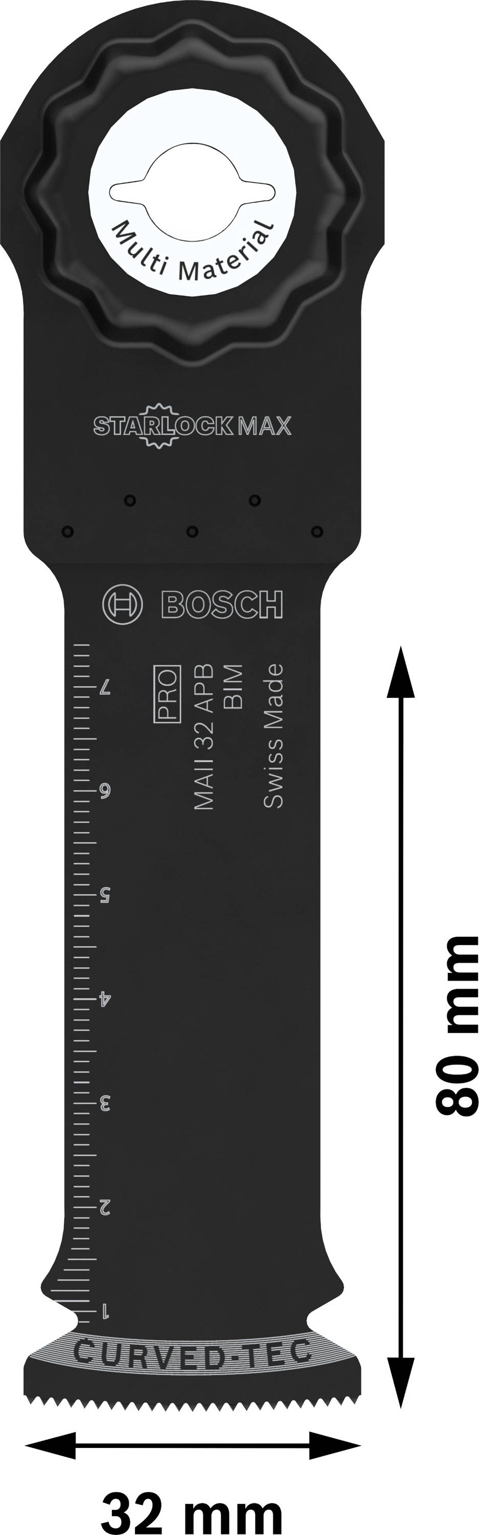 'Bosch Sägeblatt mit StarlockMax-System, geeignet für Multi-Materialien. Abmessungen: 80 mm Länge, 32 mm Breite.'