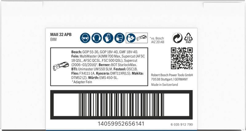 Etikett eines Bosch-Werkzeugprodukts mit Modellnummern, einem Barcode, Piktogrammen und einem QR-Code für zusätzliche Produktinformationen.