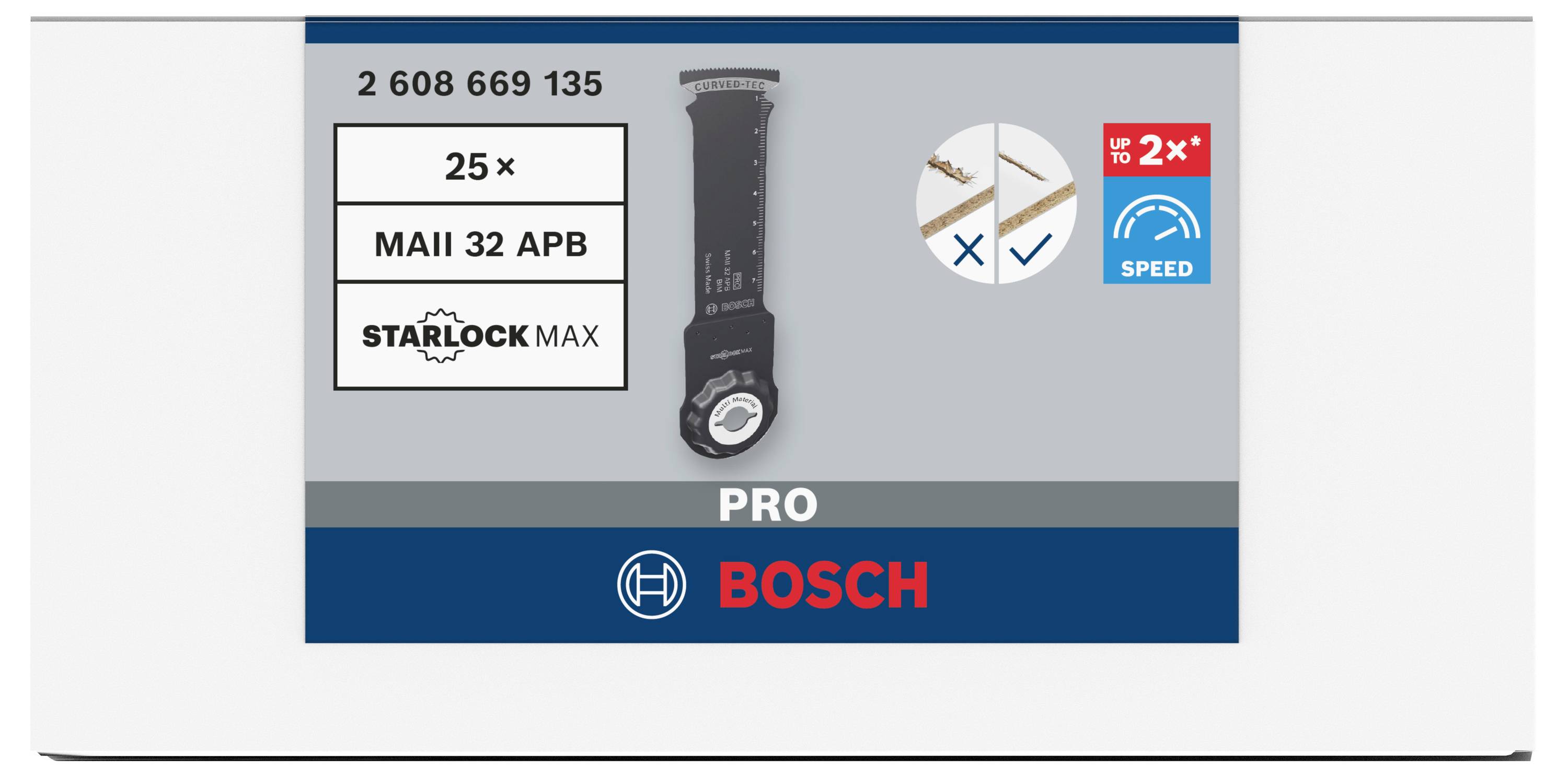 'Bosch PRO' Verpackung mit Starlock Max Sägeblatt, 25 Stück, MAII 32 APB, Anzeige von Geschwindigkeitserhöhung und kompatiblen Materialien.