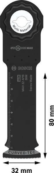Ein schwarzes Sägeblatt der Marke Bosch, 80 mm lang und 32 mm breit, mit 'Multi Material' und 'Curved-Tec' Labeln.