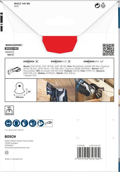 Verpackung eines Bosch Sägeblatts. Enthält Abbildung des Sägeblatts, Kompatibilitätsinformationen und das Bosch-Logo.