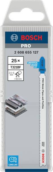 '25x T321BF für Metall und Aluminium, 65 mm' Bosch Säbelsägeblätter in einer transparenten Verpackung.