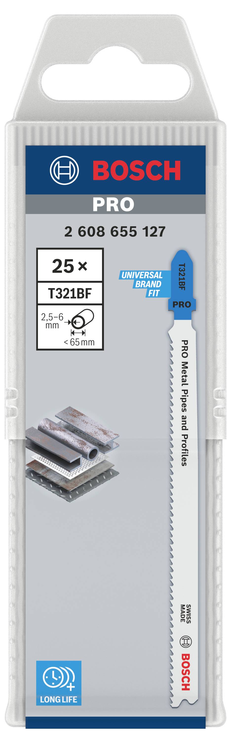 Verpackung einer Bosch Stichsägeblatt-Serie, Modellnummer T321BF, geeignet für Metall, beschreibt 25 Blätter mit 2,5 bis 6 mm Schnittkapazität.