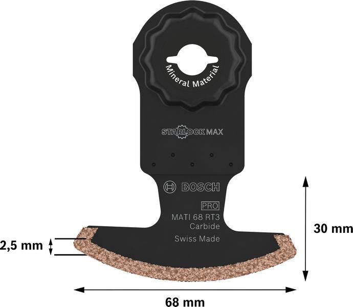 Schwarz-goldenes Sägeblatt von Bosch für mineralische Materialien. Breite 68 mm, Höhe 30 mm, Dicke 2,5 mm. Swiss Made.