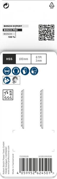 'Sägeblatt Bosch Expert 100mm, 8 TPI, HSS-Material. Geeignet für Metalle. Enthält Symbole für Sicherheit und QR-Code zur weiteren Information.'