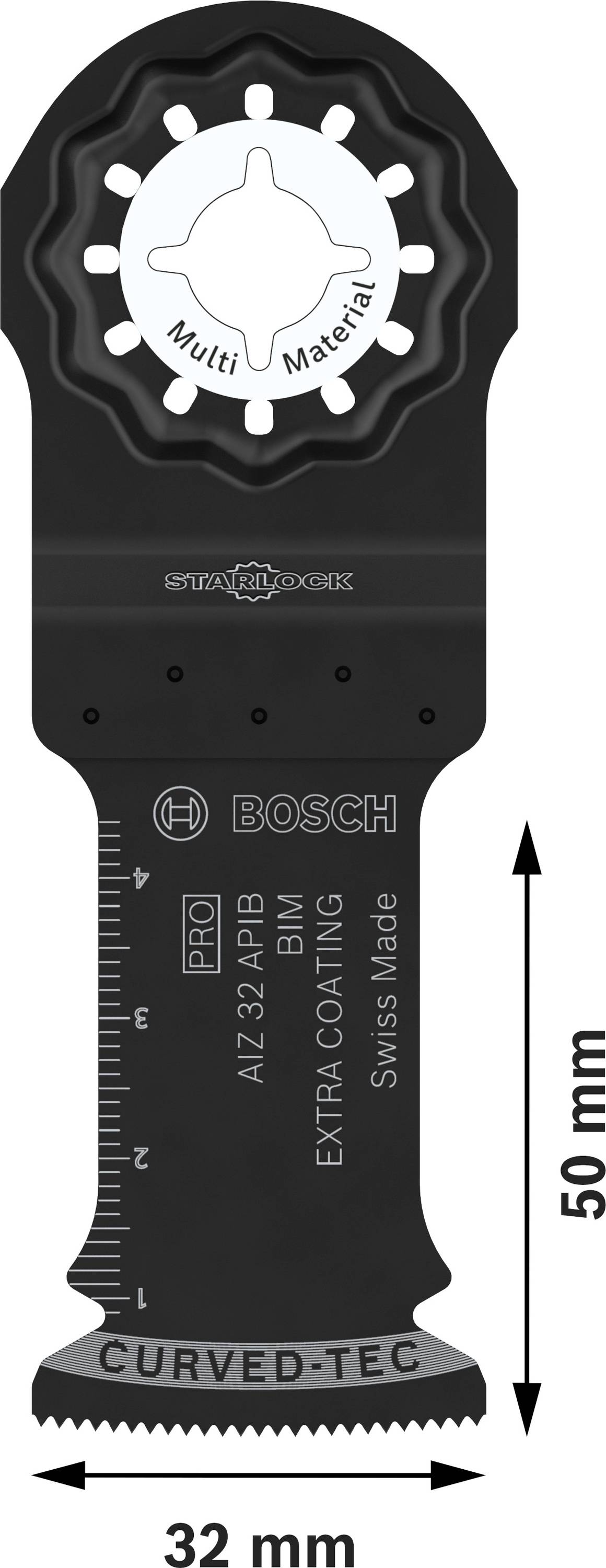 'Sägeblatt mit Aufschrift: PRO, Bosch, 32x50 mm, für Multi-Material, Swiss Made, Starlock-Kompatibilität, cm-Skala auf der Seite.'