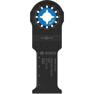 'Bosch Starlock' Sägeblatt für oszillierende Werkzeuge, schwarz mit blauer Befestigung. Zeigt Zentimeter- und Zoll-Markierungen.