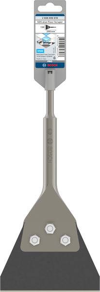 Ein Bosch-Ersatzklingenset für einen Boden-/Wandspachtel. Enthält drei Schrauben zur Befestigung. Verpackungsdetails oben.