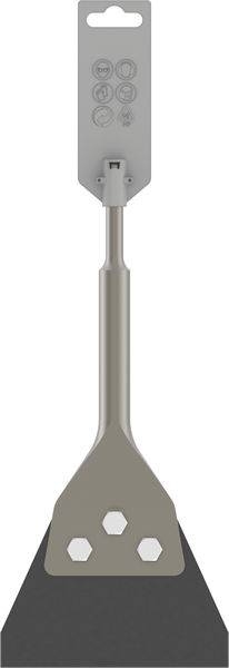 Metallschaber mit sechseckigen Löchern im Kopf, geeignet zum Entfernen hartnäckiger Rückstände von Oberflächen.