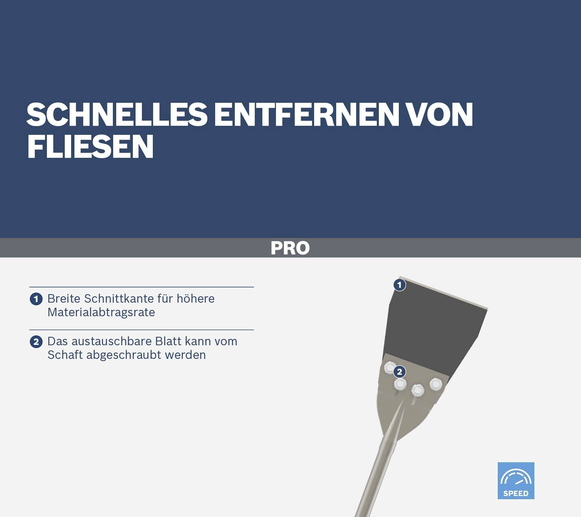 'Schnelles Entfernen von Fliesen' Werkzeug mit austauschbarem Blatt. Vorteil: Breite Schnittkante für höheren Materialabtrag.