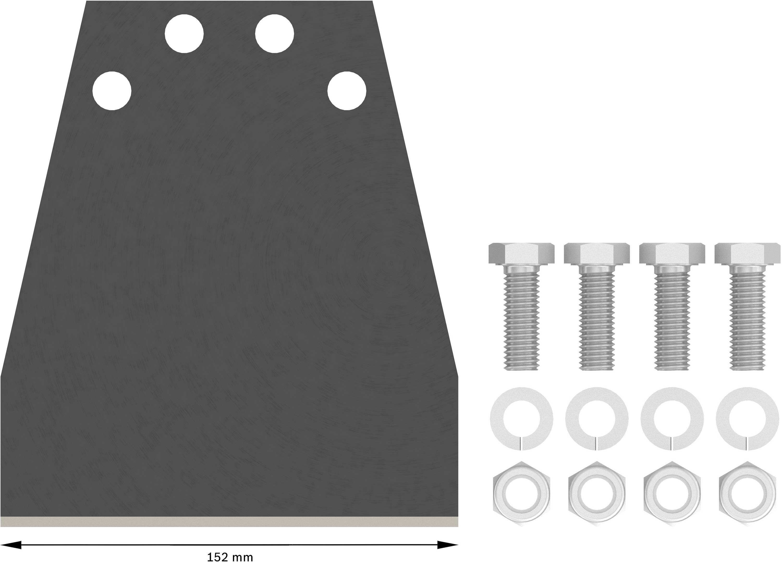 Metallplatte mit fünf Löchern links, daneben vier Schrauben mit Unterlegscheiben und Muttern. Breite der Platte: 152 mm.
