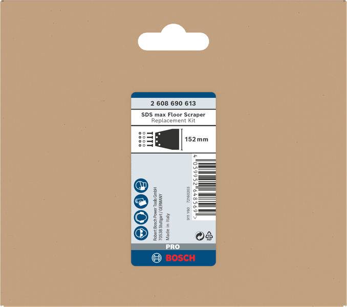 Eine Verpackung von Bosch für ein Ersatzkit eines SDS max Bodenabziehers, 152 mm, mit Barcode und Produktinformationen.