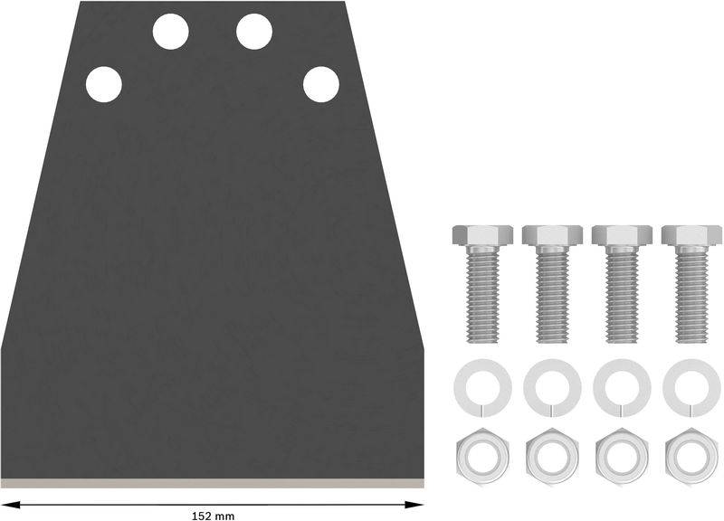Metallplatte mit fünf Löchern links, Schrauben, Muttern und Unterlegscheiben rechts. Breitenangabe unten: 152 mm.